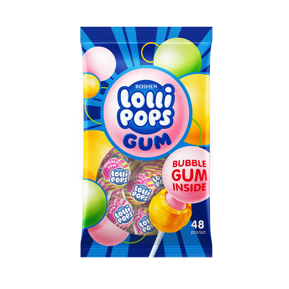 [3391] Roshen (0668) Lollipops Gum Fruit Mix Hard Candy with Bubblegum 920g