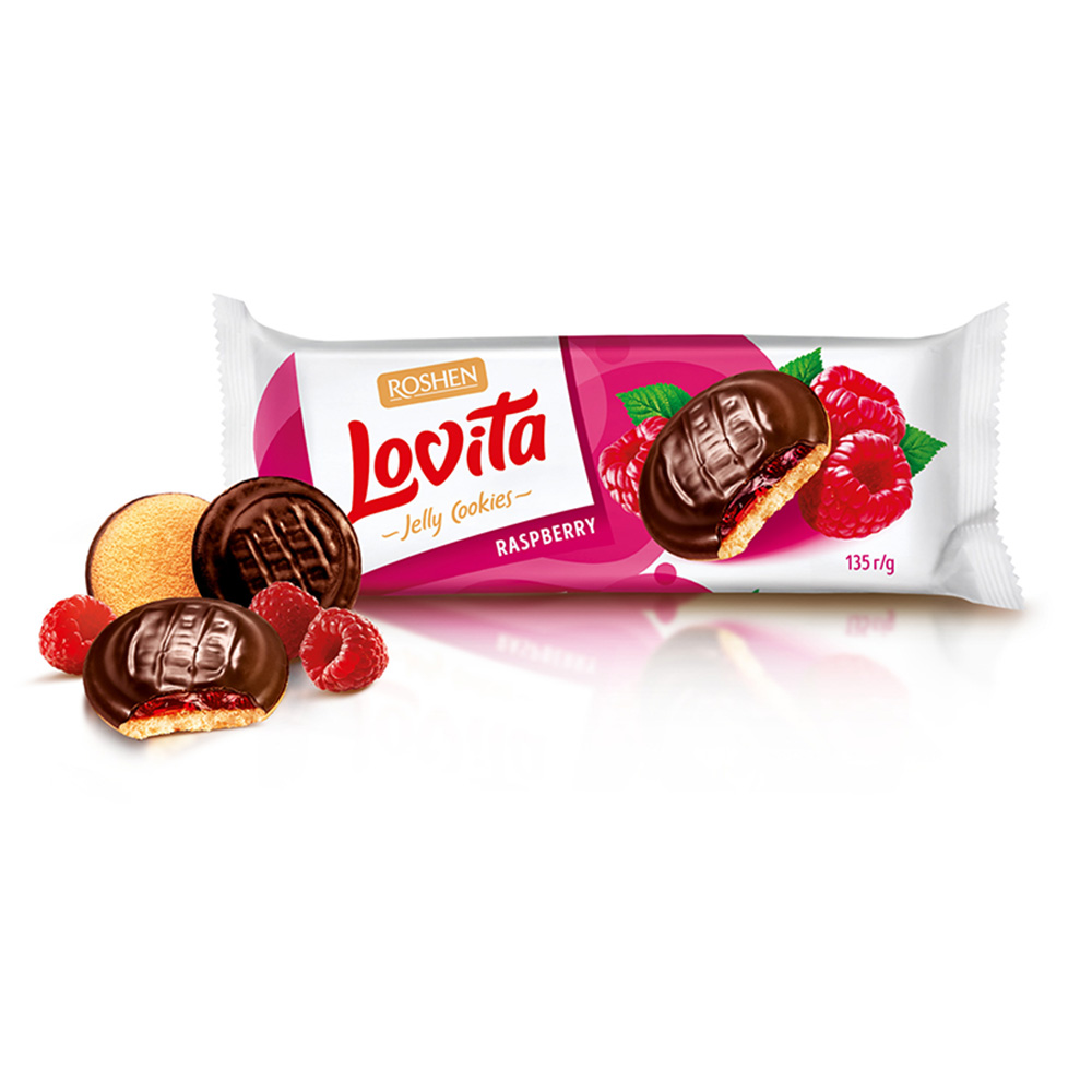 [3416] Roshen (4253) Lovita Jelly Cookies Biscuits wt Raspberry Flav Jelly Filling 135g