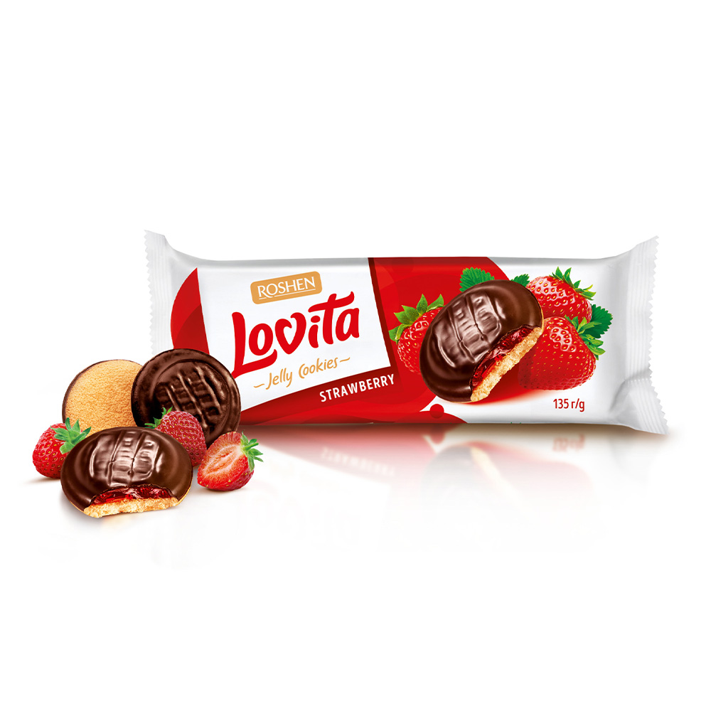 [3417] Roshen (4260) Lovita Jelly Cookies Biscuits wt Strawberry Flav Jelly Filling 135g